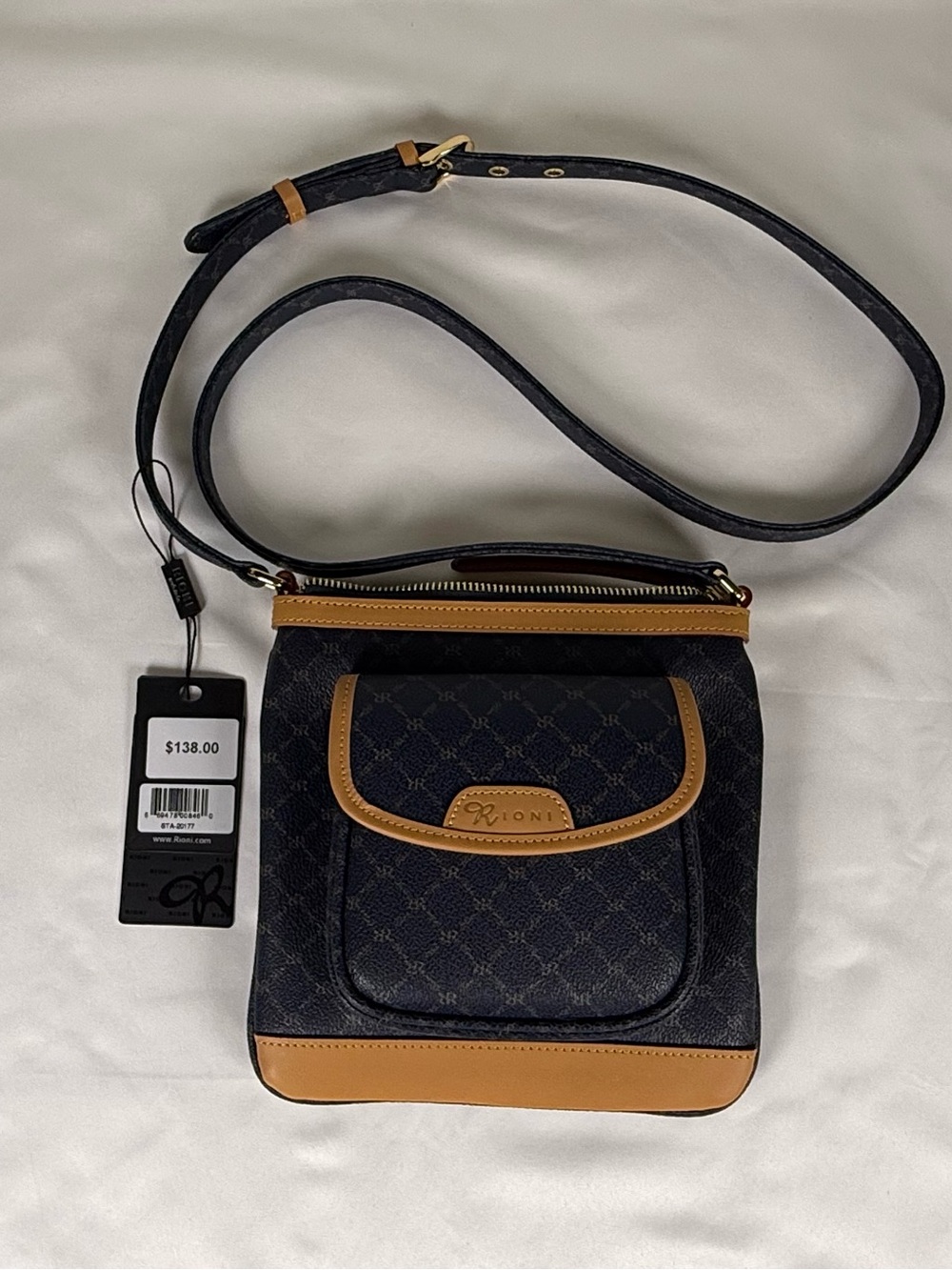 Rioni Navy and Tan Logo Pattern Crossbody Bag